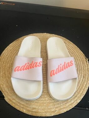 adidas Light Pink Slides with Coral Script